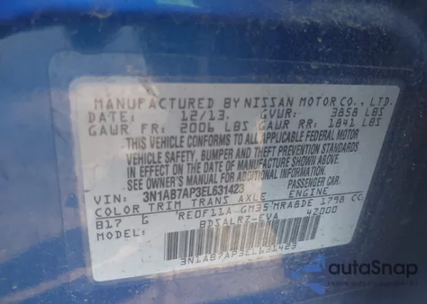 2014 Nissan Sentra Sr из США, поврежденный, VIN 3N1AB7AP3EL631423